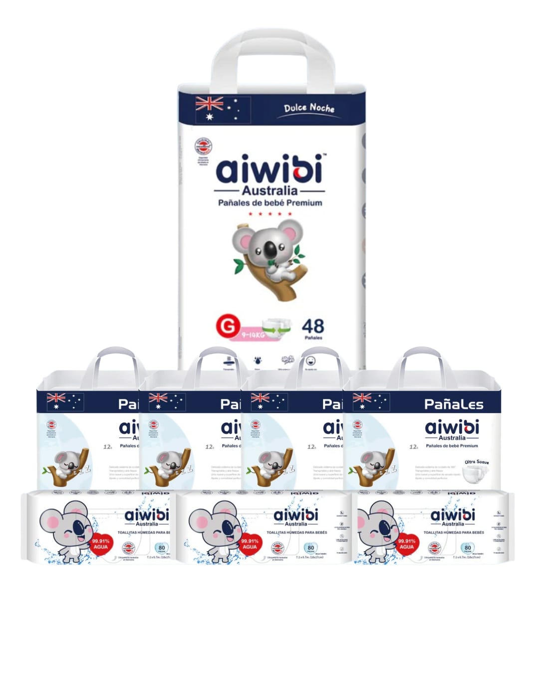 Pack 104 Pañales Premium Dia G + 48 Pañales Dulce Noche G + 240 Toallas Húmedas