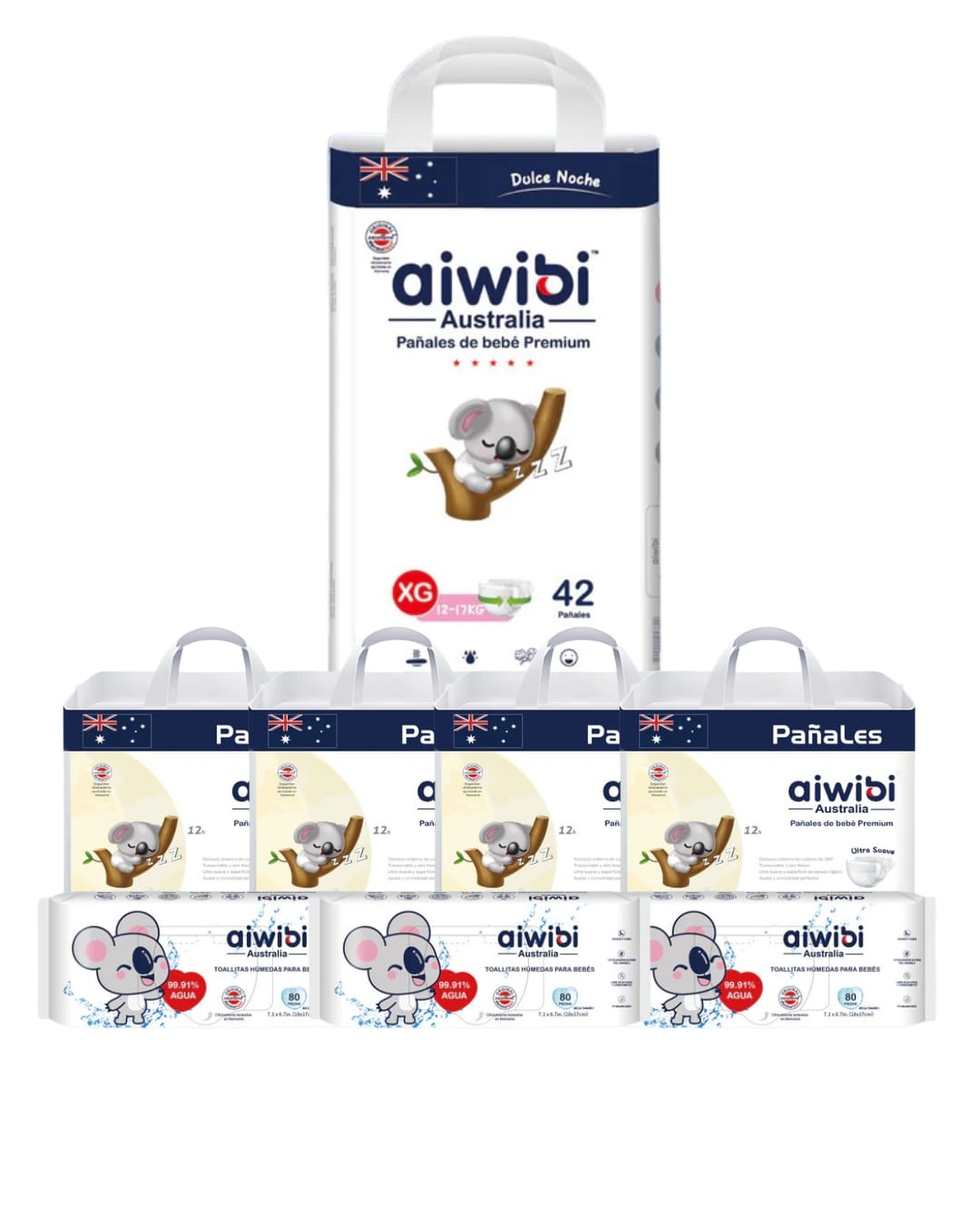 Pack 96 Pañales Premium Dia XG + 42 Pañales Dulce Noche XG + 240 Toallas Húmedas