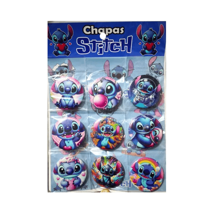Set 9 Chapitas (Broches) de 6 cm Diseño Stitch 1