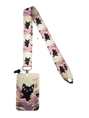 Portacredencial + Lanyard Gatitos Color Rosado Animales Kawaii
