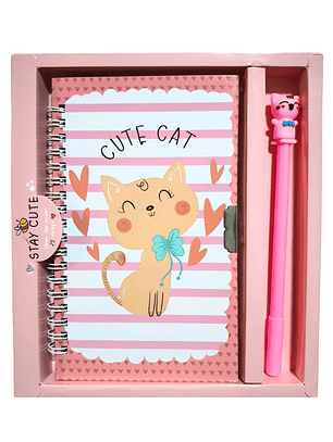 Agenda Diario De Vida + Lápiz Diseño Gato Gatito Kawaii