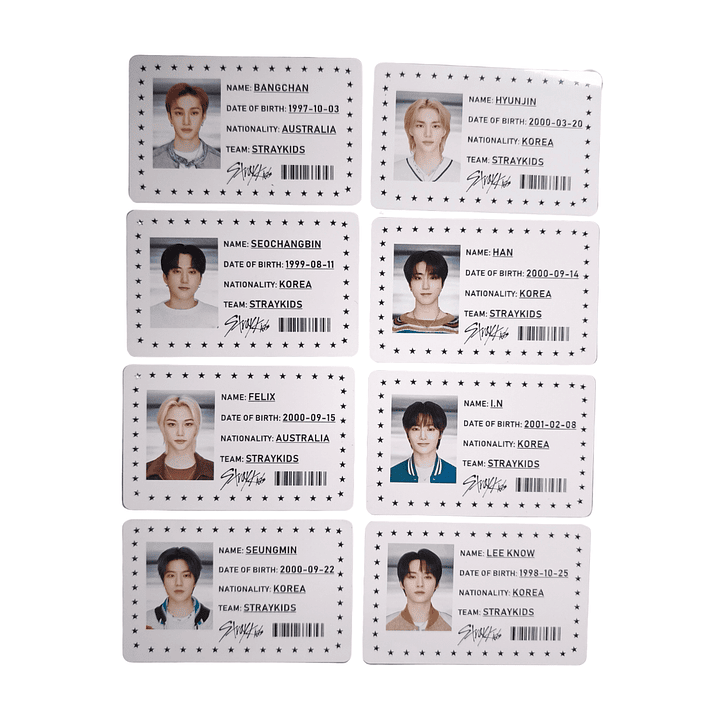 Set 8 Tarjetas Plásticas ID Card Diseño Stray Kids Kpop 1