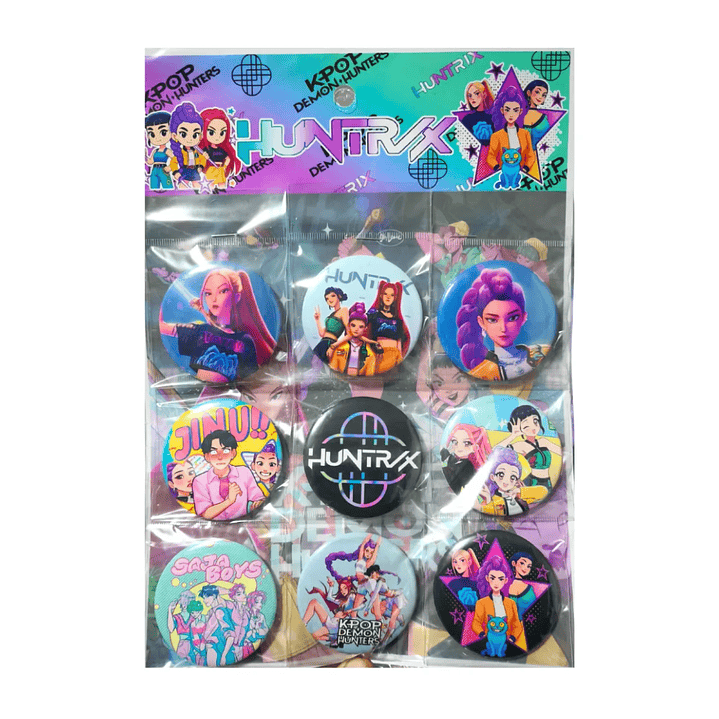 Set 9 Chapitas (Broches) de 6 cm Huntrix Kpop Demon Hunters 1