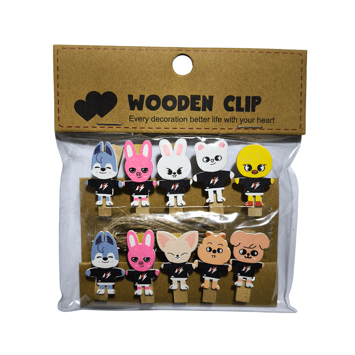 Set Clips de Madera + Cuerda Para Decoración Stray Kids SKZOO Kpop 1