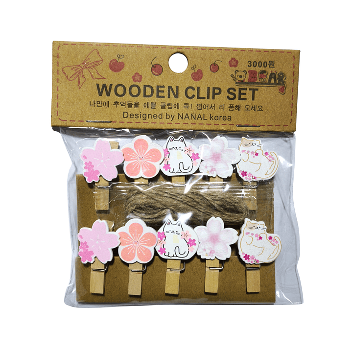 Set Clips de Madera + Cuerda Para Decoración Gatitos 1