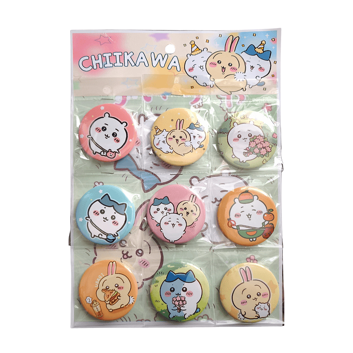 Set 9 Chapitas (Broches) de 6 cm Diseño Chiikawa 1