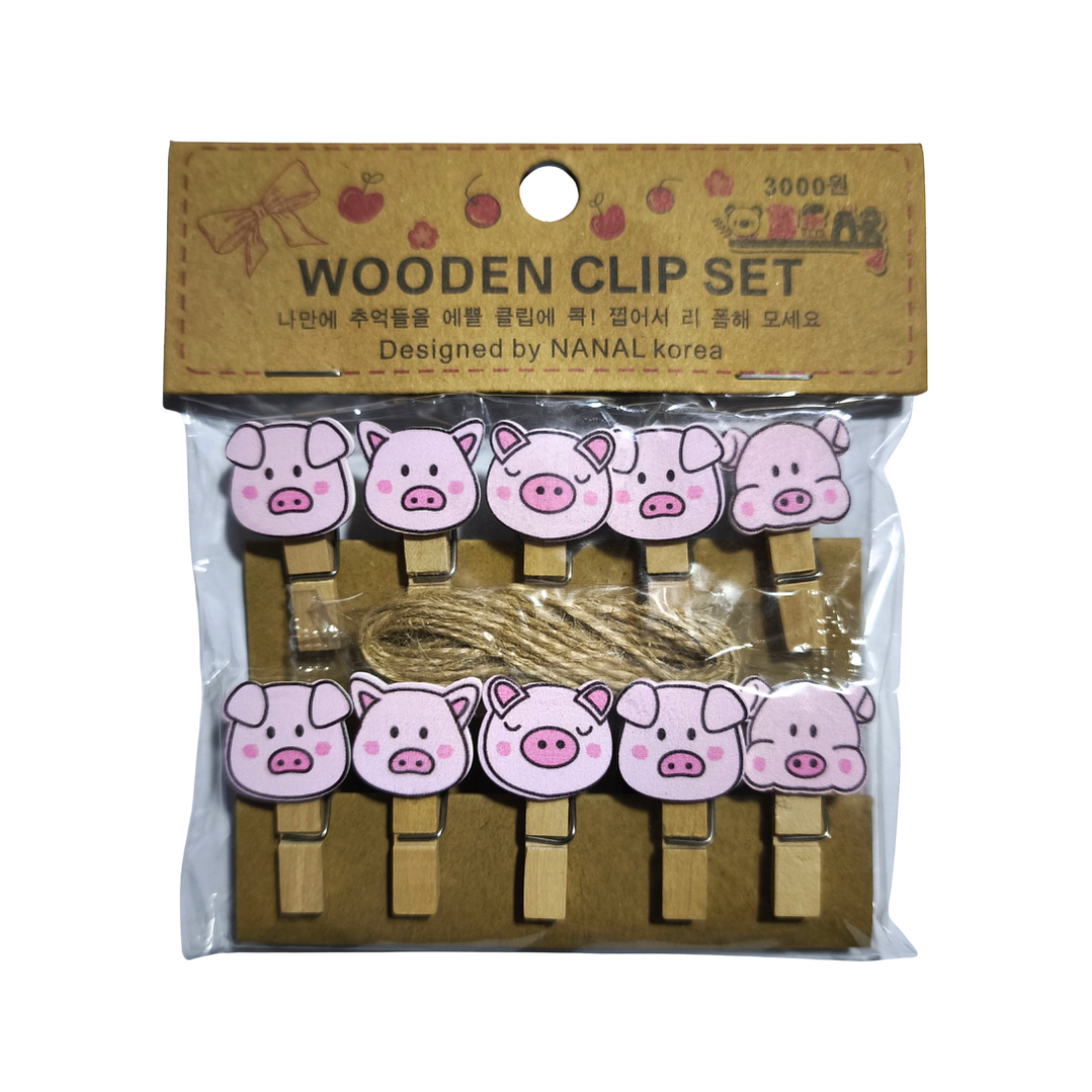 Set Clips de Madera + Cuerda Para Decoración Cerditos Chanchitos 1
