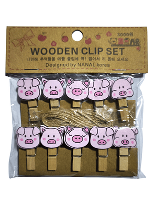 Set Clips de Madera + Cuerda Para Decoración Cerditos Chanchitos