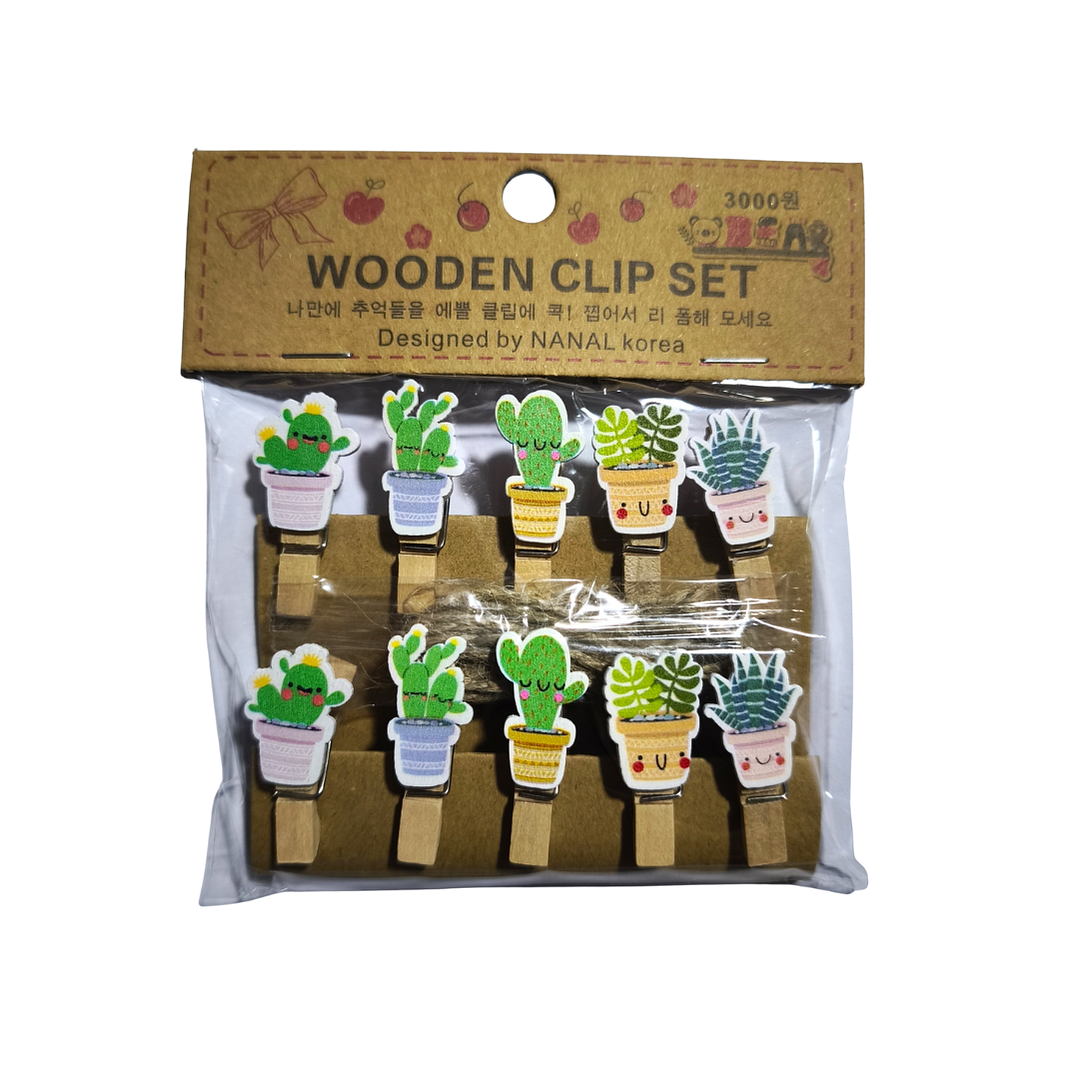 Set Clips de Madera + Cuerda Para Decoración Cactus Kawaii 1