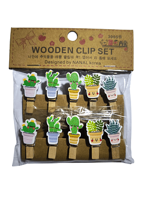 Set Clips de Madera + Cuerda Para Decoración Cactus Kawaii
