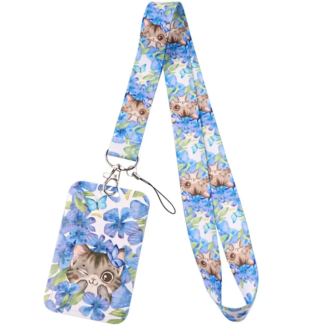 Portacredencial + Lanyard Gatitos Color Azul Animales Kawaii 2