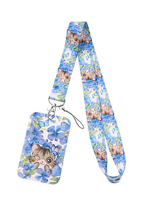 Portacredencial + Lanyard Gatitos Color Azul Animales Kawaii