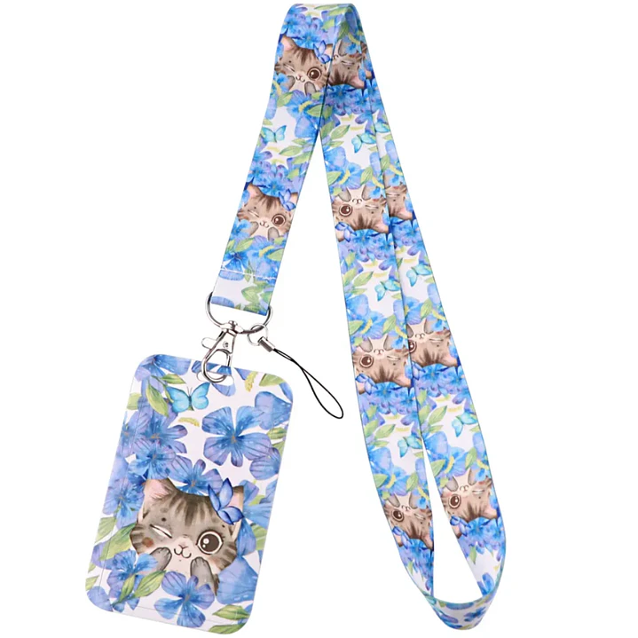 Portacredencial + Lanyard Gatitos Color Azul Animales Kawaii 2
