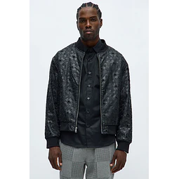 Chaqueta Acolchada Relaxed Faux Leather Embroidered Floral - Negro