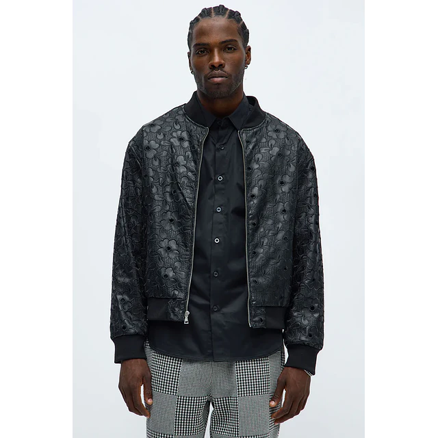 Chaqueta Acolchada Relaxed Faux Leather Embroidered Floral - Negro