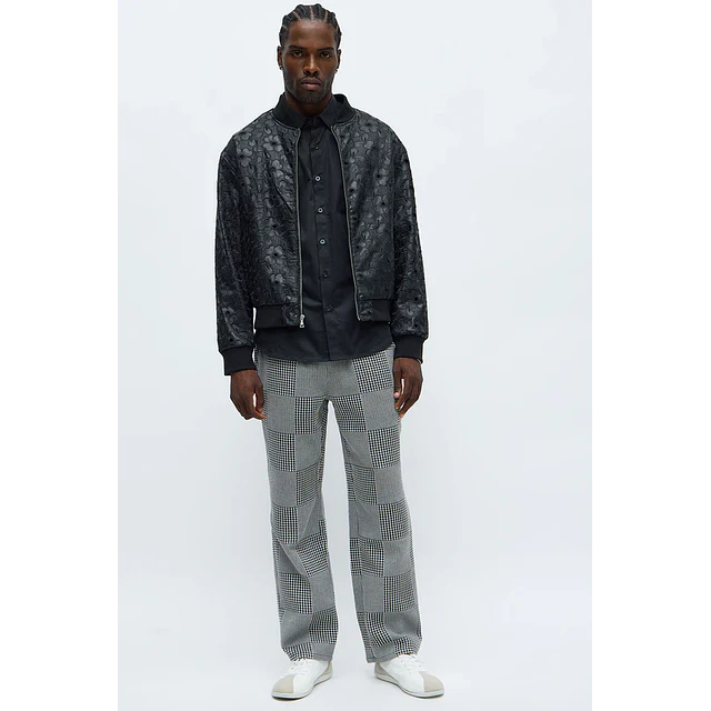 Chaqueta Acolchada Relaxed Faux Leather Embroidered Floral - Negro
