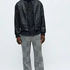 Chaqueta Acolchada Relaxed Faux Leather Embroidered Floral - Negro