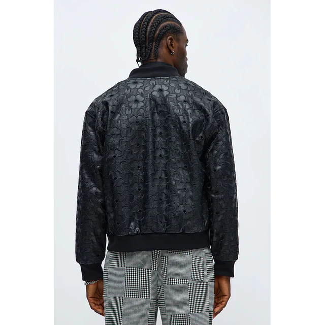 Chaqueta Acolchada Relaxed Faux Leather Embroidered Floral - Negro
