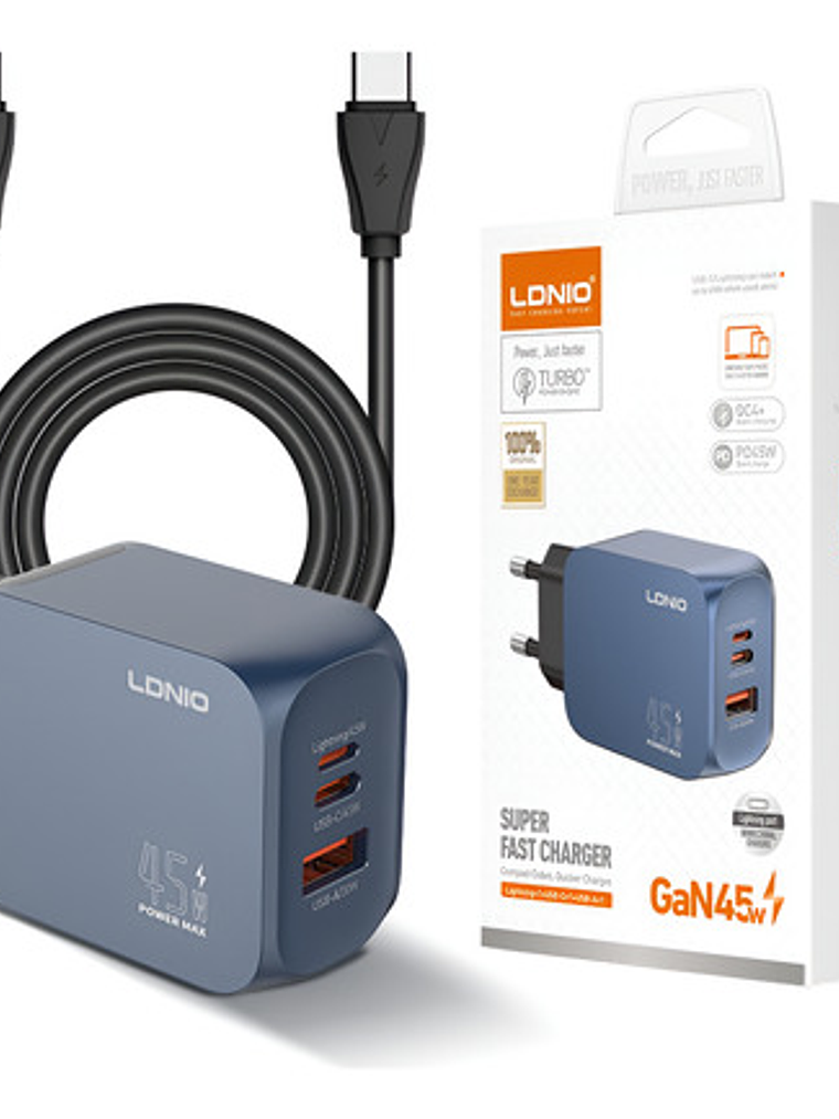 Cargador Gan 45w Ldnio, C/cable, 3 Puertos Usbc, Usba, Light 2