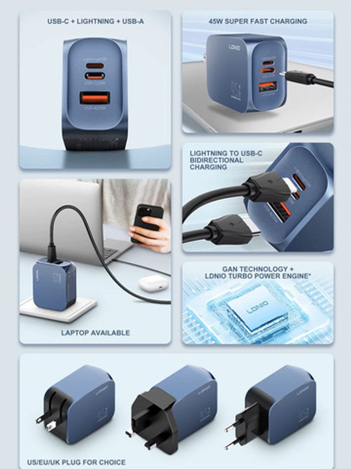 Cargador Gan 45w Ldnio, C/cable, 3 Puertos Usbc, Usba, Light 6