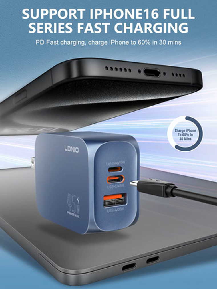 Cargador Gan 45w Ldnio, C/cable, 3 Puertos Usbc, Usba, Light 7