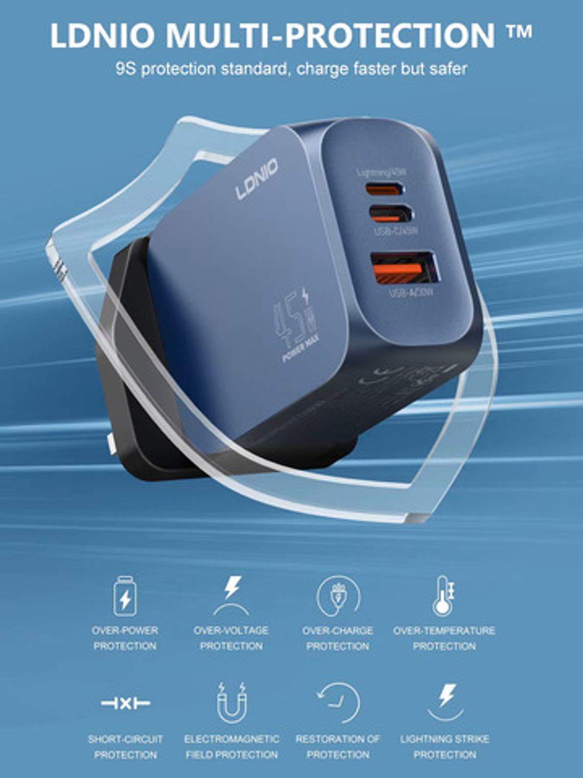 Cargador Gan 45w Ldnio, C/cable, 3 Puertos Usbc, Usba, Light 10