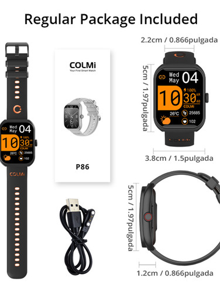 Reloj Inteligente Colmi P86, Correa Naranja Bisel Negro, Llamadas 9