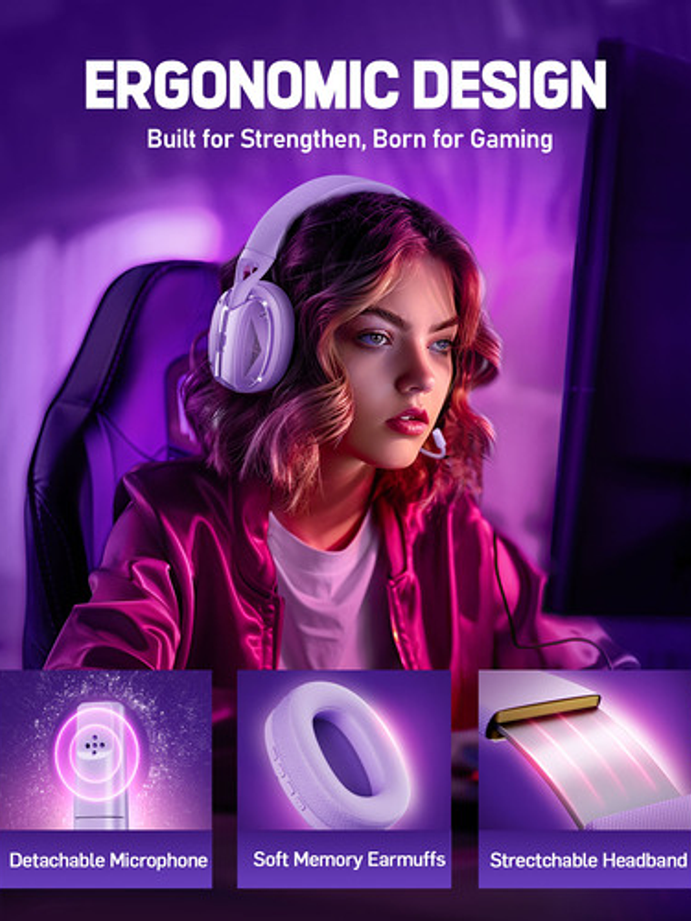 Audífonos Gamer Picun G1, Inalámbricos Ps4 Ps5, 30 Hrs, Blanco Negro 2