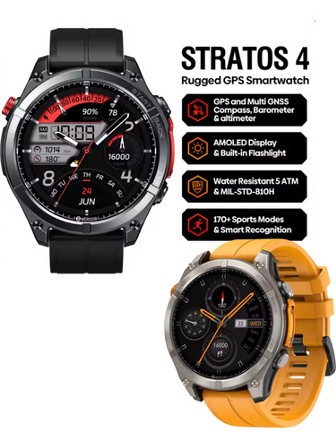 Reloj Inteligente Zeblaze Stratos 4, Gps, Amoled, Brujula, Naranjo 2