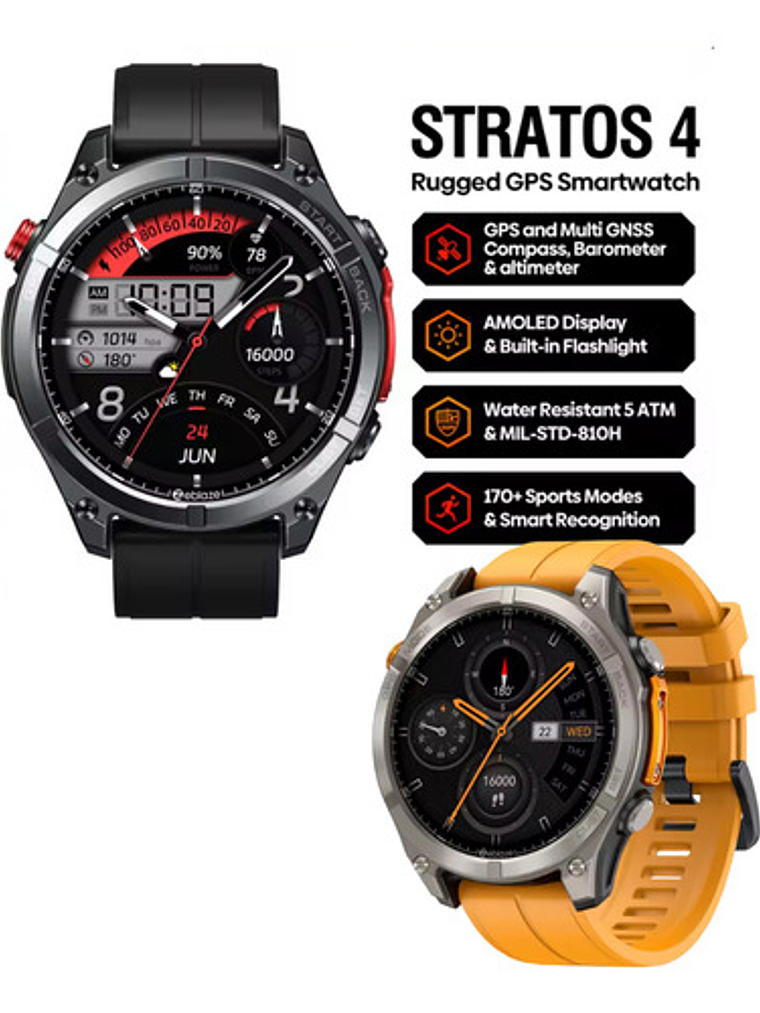 Reloj Inteligente Zeblaze Stratos 4, Gps, Amoled, Brujula, Naranjo 2