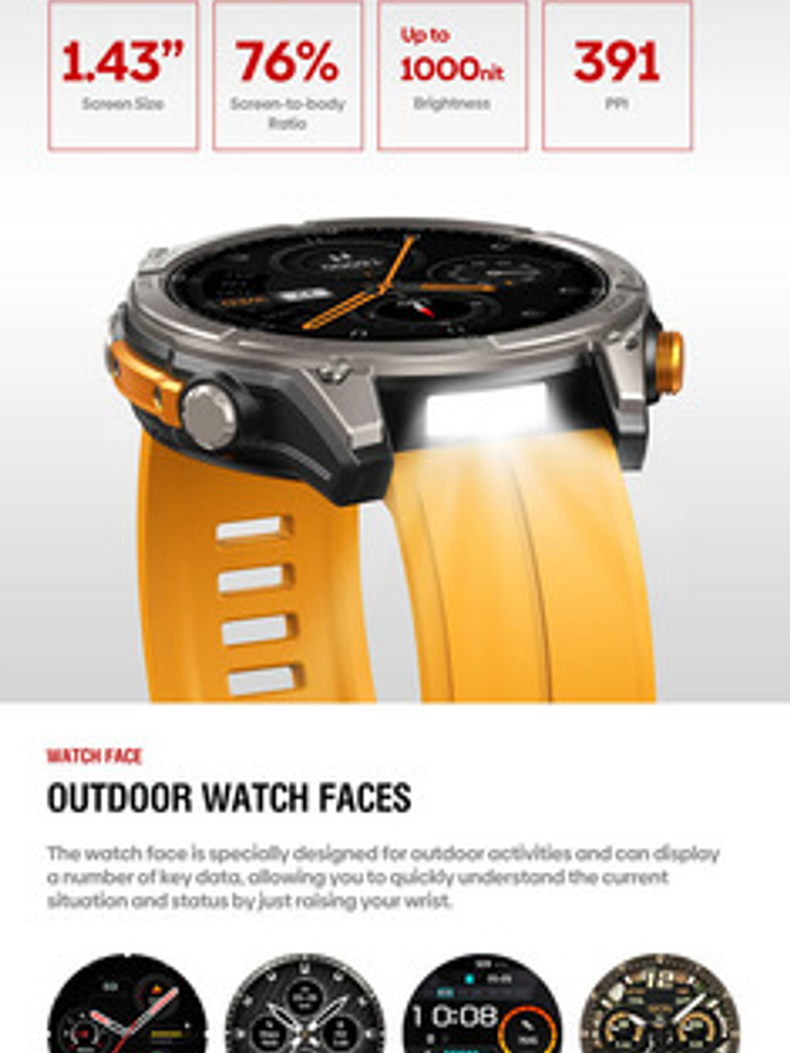 Reloj Inteligente Zeblaze Stratos 4, Gps, Amoled, Brujula, Naranjo 5