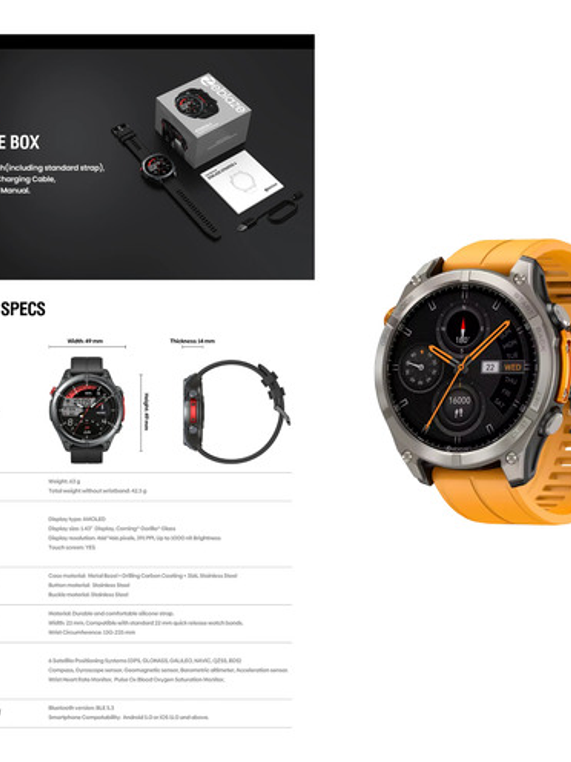 Reloj Inteligente Zeblaze Stratos 4, Gps, Amoled, Brujula, Naranjo 6