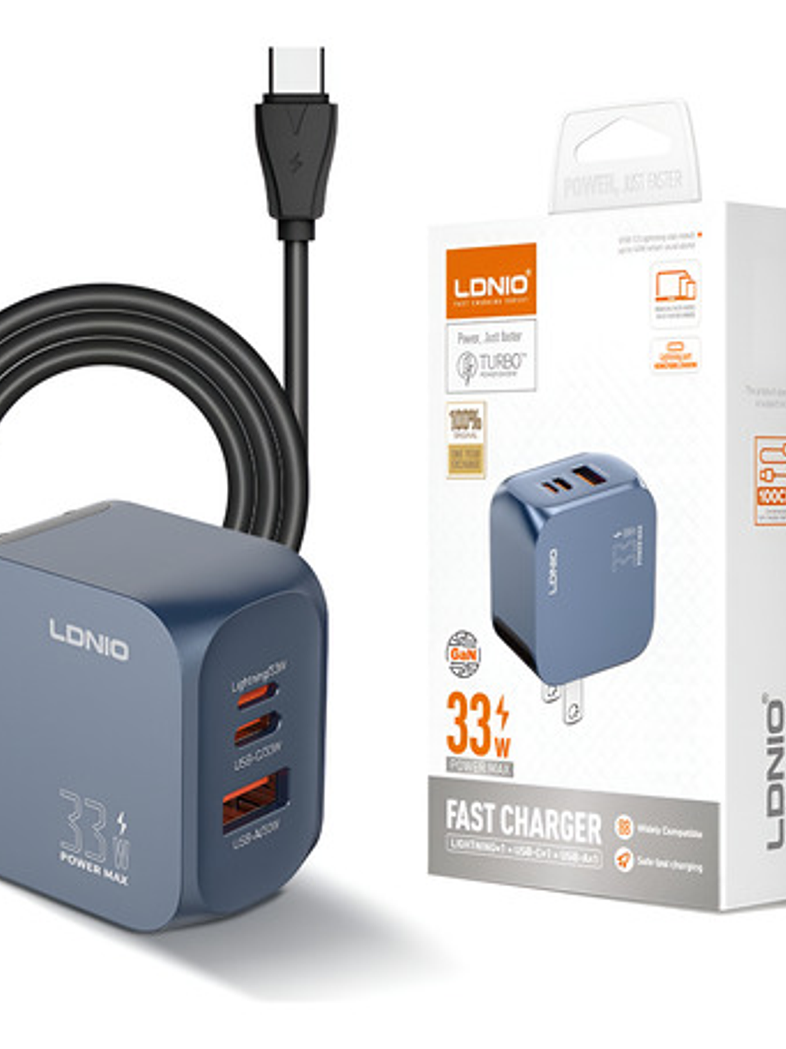 Cargador Gan 33w Ldnio, C/cable, 3 Puertos Usbc, Usba, Light 1