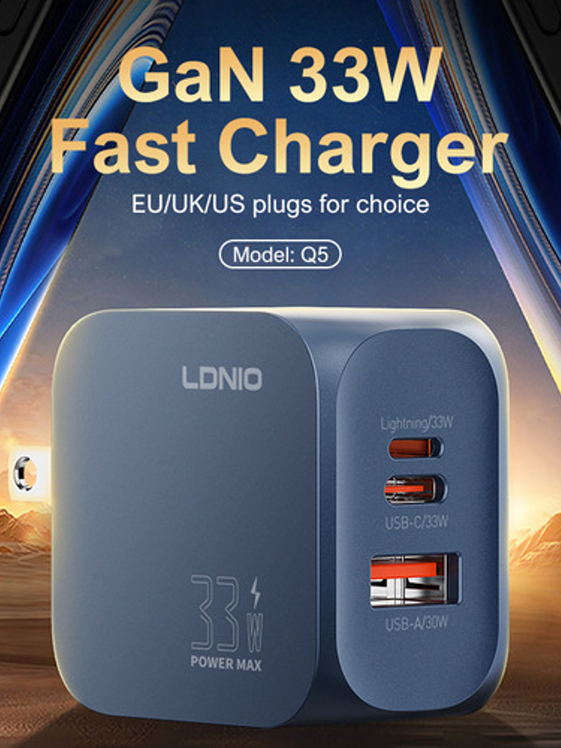 Cargador Gan 33w Ldnio, C/cable, 3 Puertos Usbc, Usba, Light 2