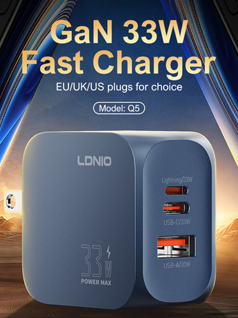 Cargador Gan 33w Ldnio, C/cable, 3 Puertos Usbc, Usba, Light 2