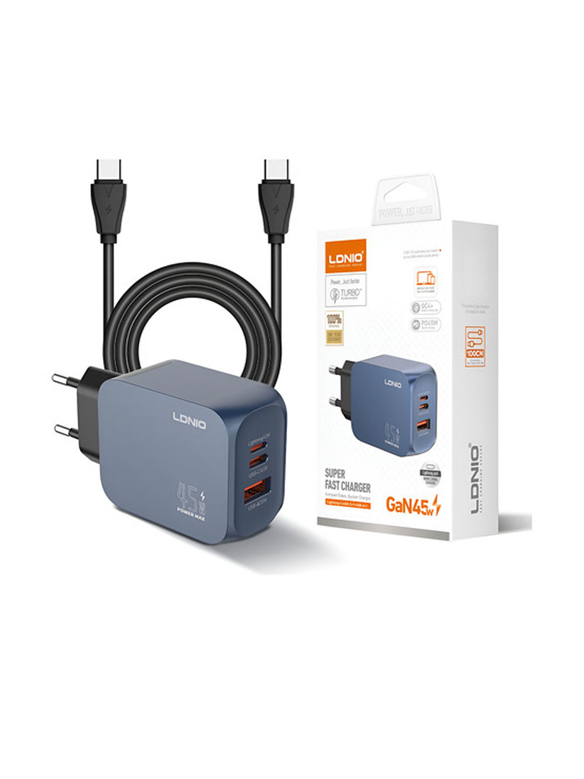 Cargador Gan 45w Ldnio, C/cable, 3 Puertos Usbc, Usba, Light 1