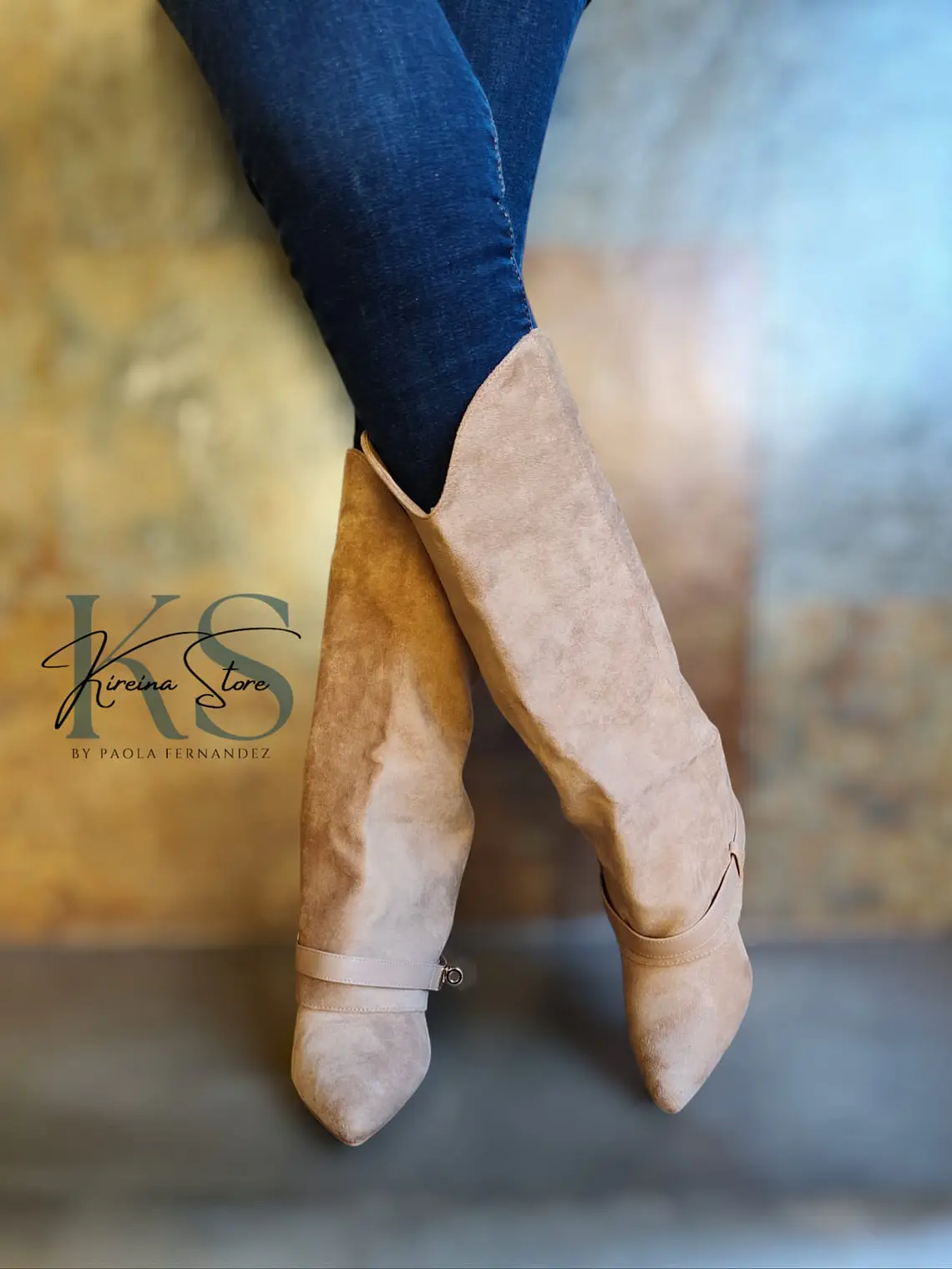 BOTA KHAKI LARGA CORTINA TACO ALTO 1