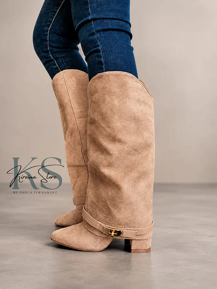 BOTA KHAKI LARGA CORTINA TACO ALTO 1