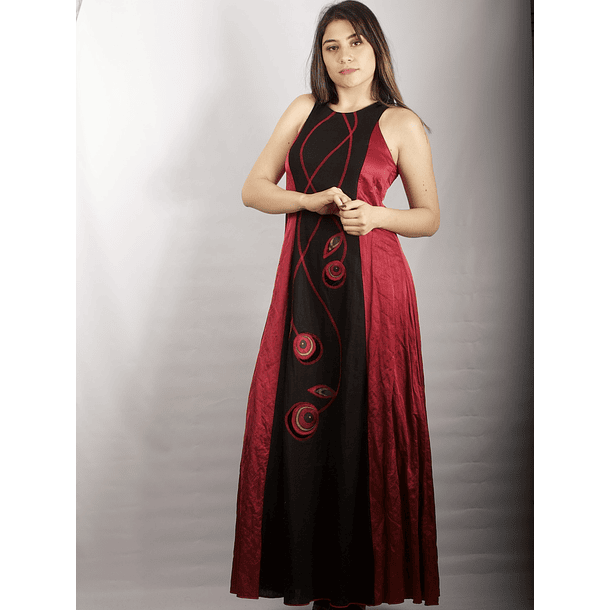 Vestido Largo Bicolor con Centro de Lino negro rojo 4