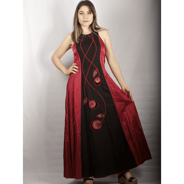 Vestido Largo Bicolor con Centro de Lino negro rojo 5