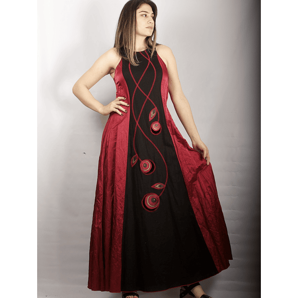 Vestido Largo Bicolor con Centro de Lino negro rojo 2