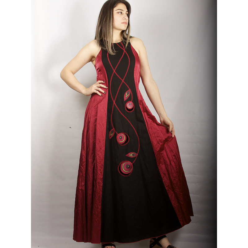 Vestido Largo Bicolor con Centro de Lino negro rojo