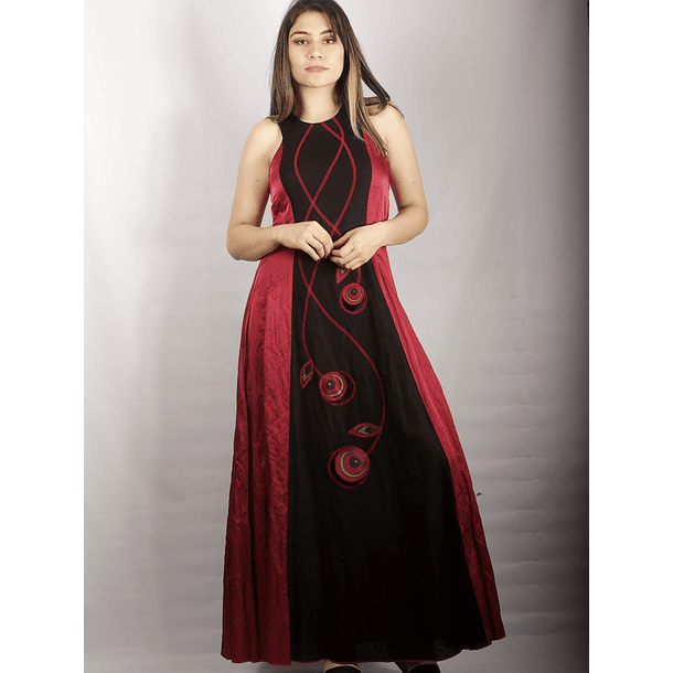 Vestido Largo Bicolor con Centro de Lino negro rojo 3