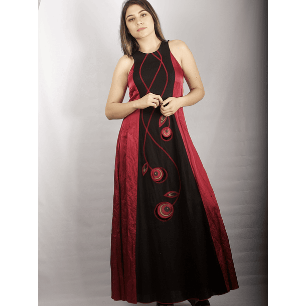 Vestido Largo Bicolor con Centro de Lino negro rojo 1