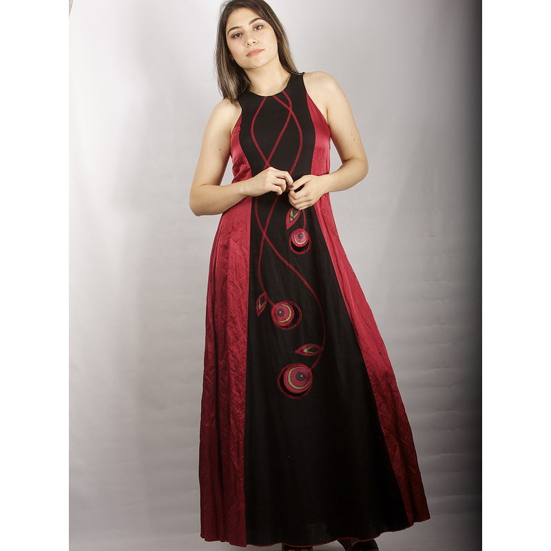 Vestido Largo Bicolor con Centro de Lino negro rojo