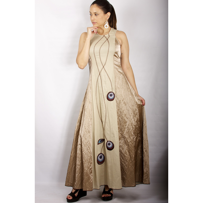 Vestido Largo Bicolor con Centro de Lino CRUDO