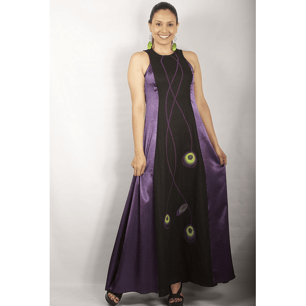 Vestido Largo Bicolor con Centro de Lino negro MORADO 3