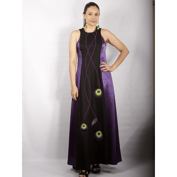 Vestido Largo Bicolor con Centro de Lino negro MORADO 2