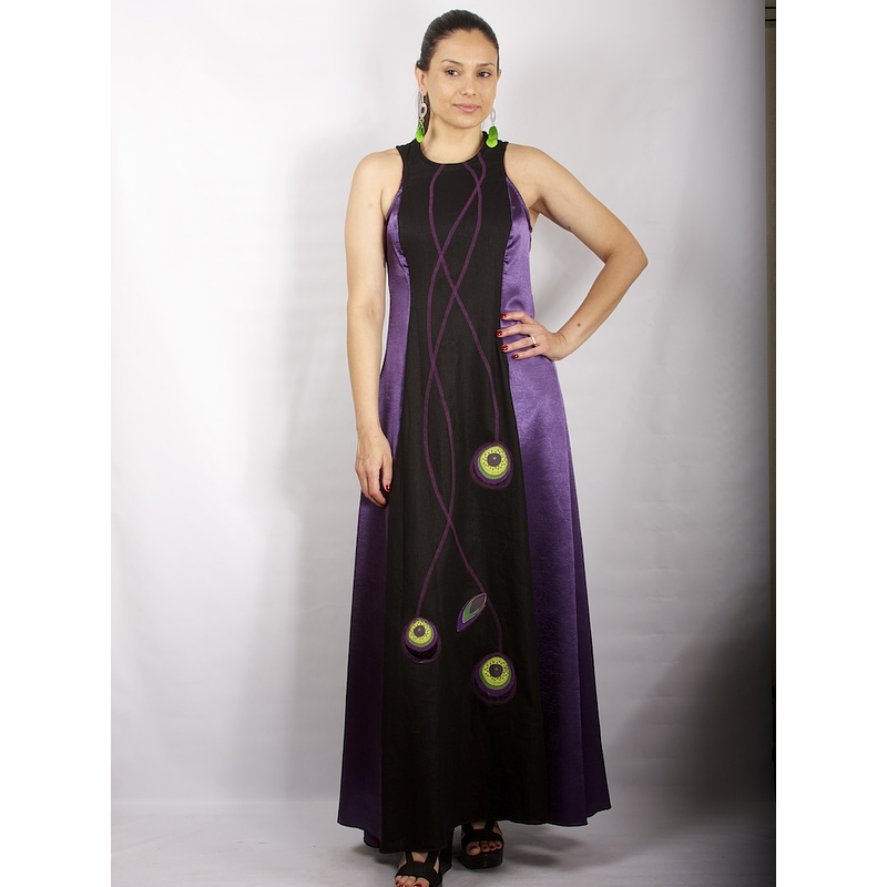 Vestido Largo Bicolor con Centro de Lino negro MORADO