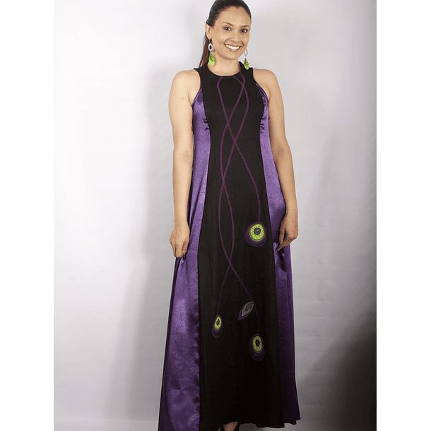 Vestido Largo Bicolor con Centro de Lino negro MORADO 1